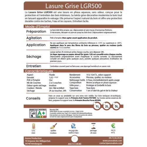 Lasure Grise Mat ou Brillant pour Bois Intérieur – LGR500