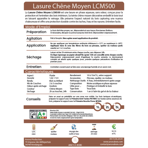 Lasure Chêne Moyen Mat ou Brillant pour Bois Intérieur – LCM500
