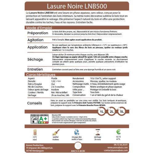 Lasure Noire Mat ou Brillant pour Bois Intérieur – LNB500