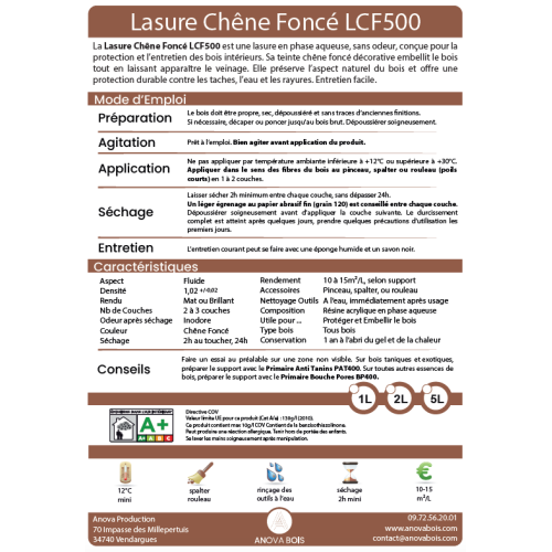 Lasure Chêne Foncé Mat ou Brillant pour Bois Intérieur – LCF500